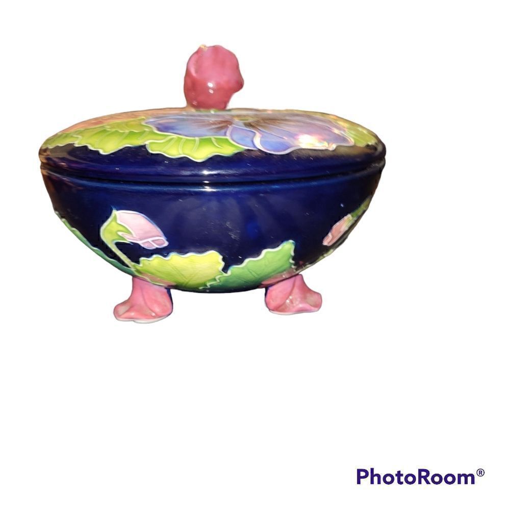 J McCall lidded Trinket/ candy dish. Blue skys 2004. ^